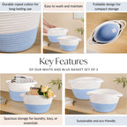 White And Blue Rope Basket Set Of 2 20cm And 18cm Nestasia
