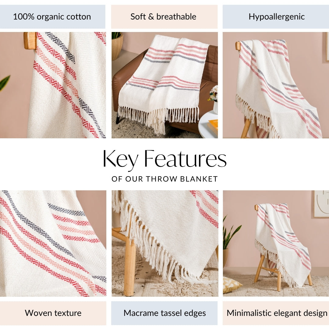 Chevron Stripe Pure Cotton Throw Blanket White Nestasia