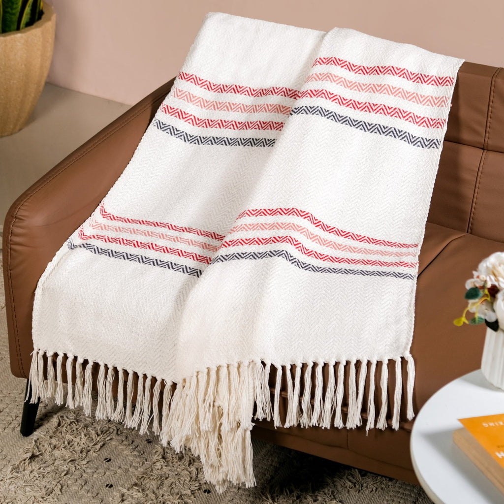 Chevron Stripe Pure Cotton Throw Blanket White Nestasia
