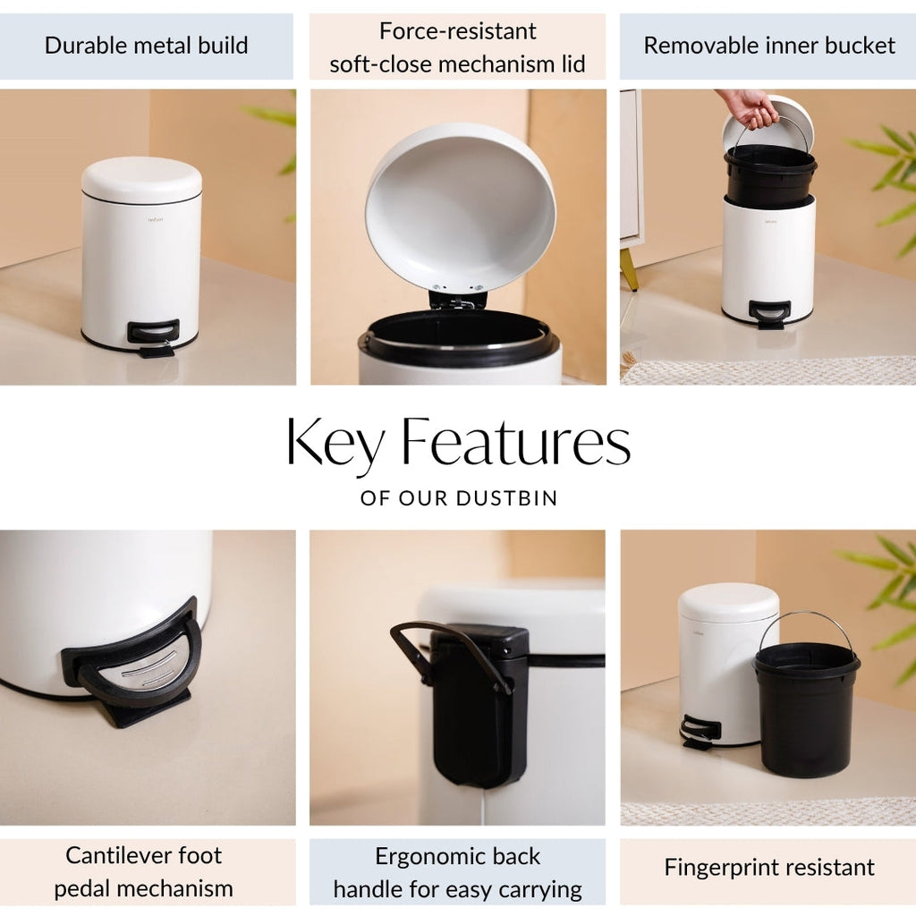 Clean Curve Metal Dustbin With Removable Bucket White 5000ml Nestasia