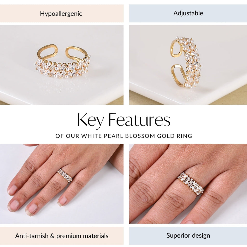 White Pearl Blossom Gold Ring Nestasia
