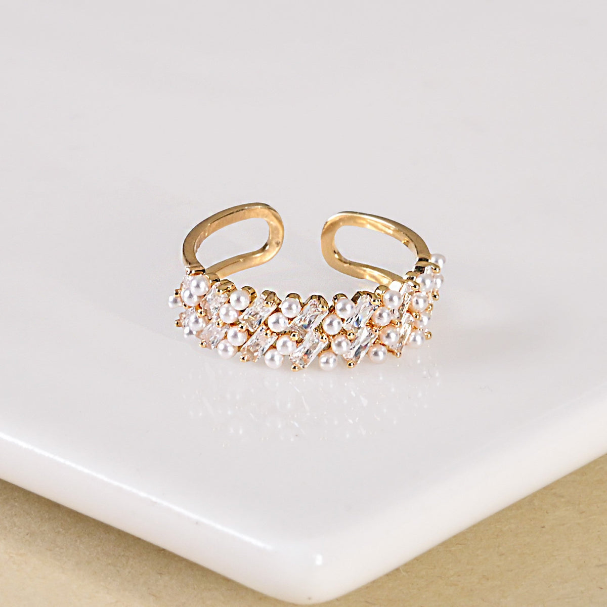 White Pearl Blossom Gold Ring Nestasia