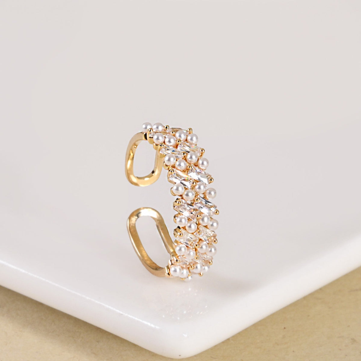 White Pearl Blossom Gold Ring Nestasia