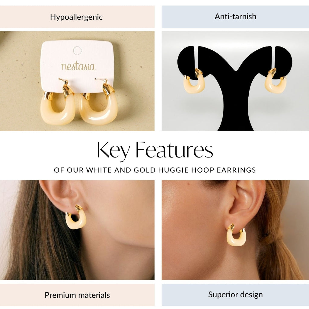 White And Gold Huggie Hoop Earrings Nestasia