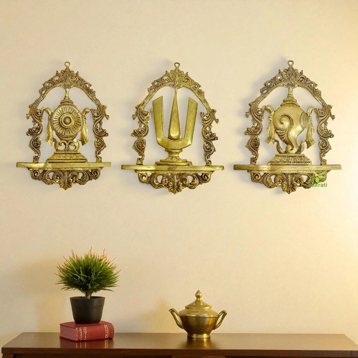 "Handcrafted Brass Shankh Chakra Namah Wall Hanging | "Pure Brass Shankh Chakra Namah Wall Art (yellow 13.5 inch)