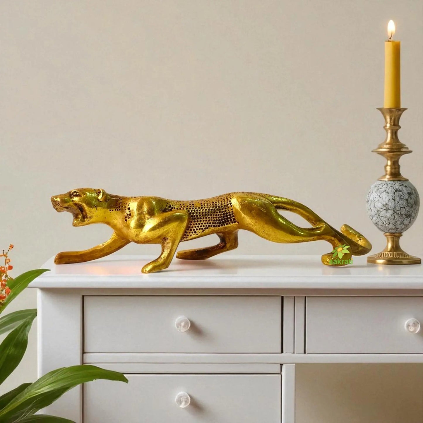 Premium Solid Brass Jaguar Statue | Brass Jaguar Figurine | Table Decor (Yellow, 2.3 Inch)