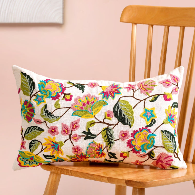 Wildflower Waltz Cotton Canvas Embroidered Cushion Cover 50x30cm Nestasia