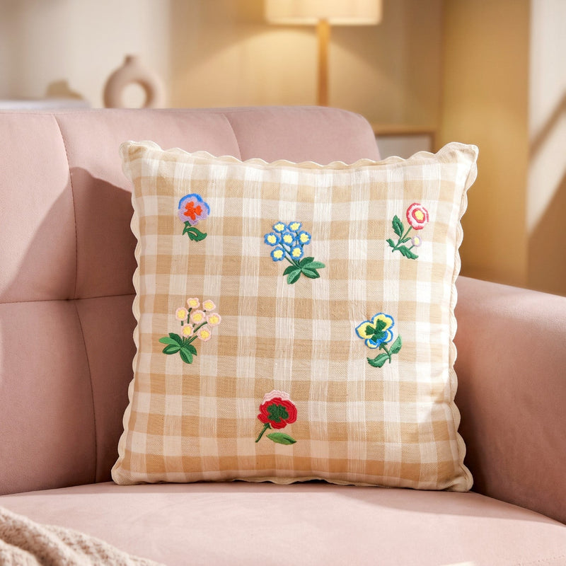 Wildflowers Checks Embroidered Cushion Cover 46x46cm Nestasia