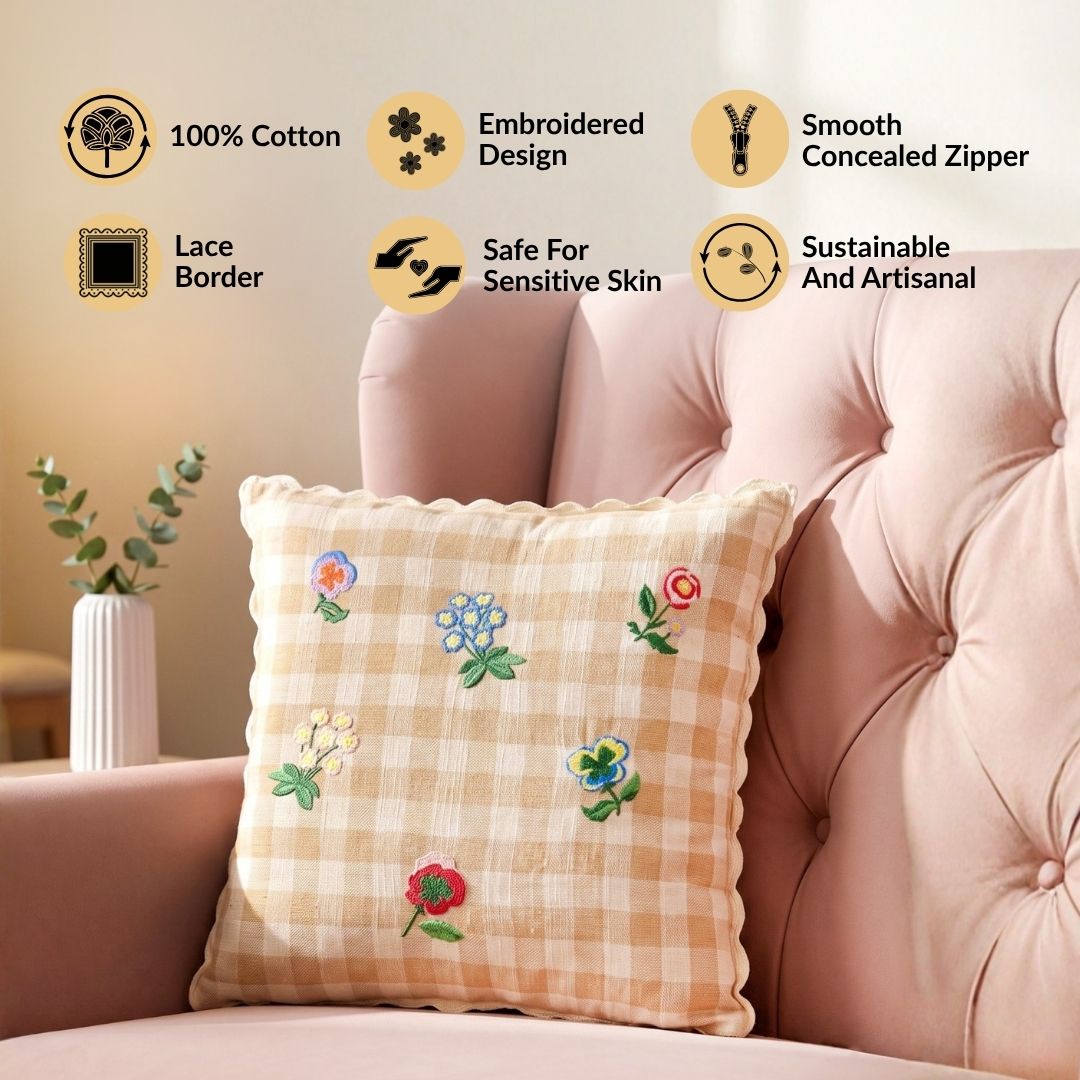 Wildflowers Checks Embroidered Cushion Cover 46x46cm Nestasia
