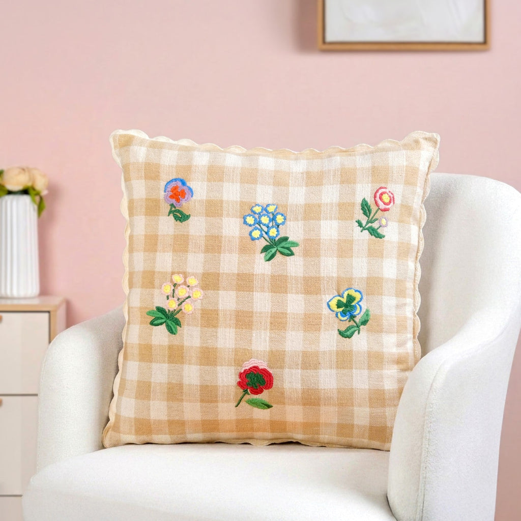 Wildflowers Checks Embroidered Cushion Cover 46x46cm Nestasia