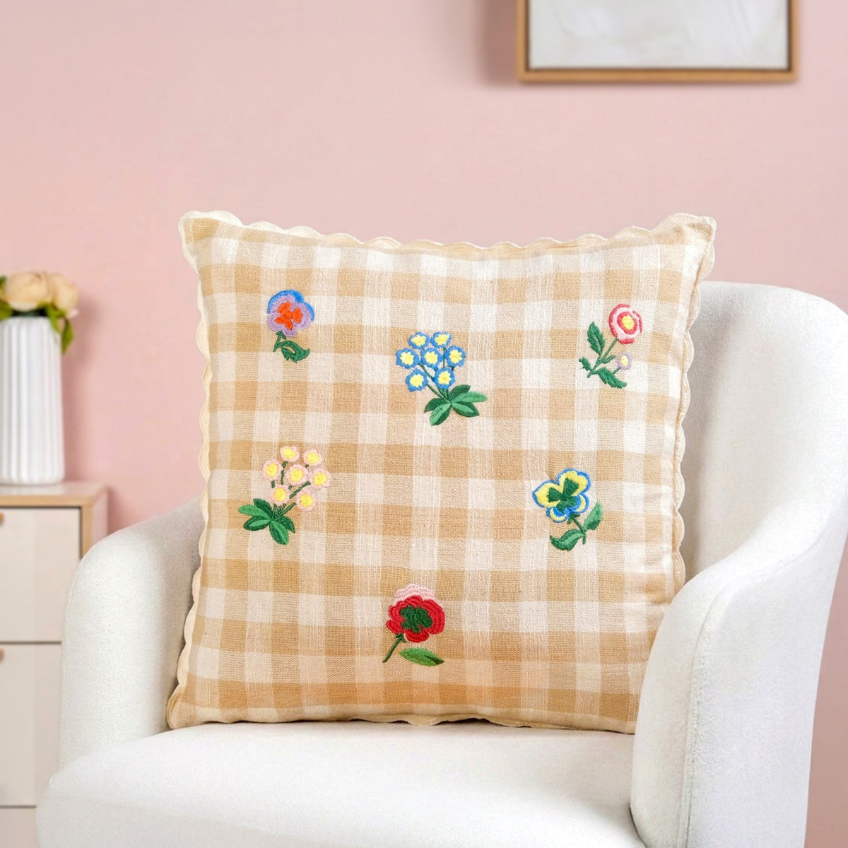 Wildflowers Checks Embroidered Cushion Cover 46x46cm Nestasia