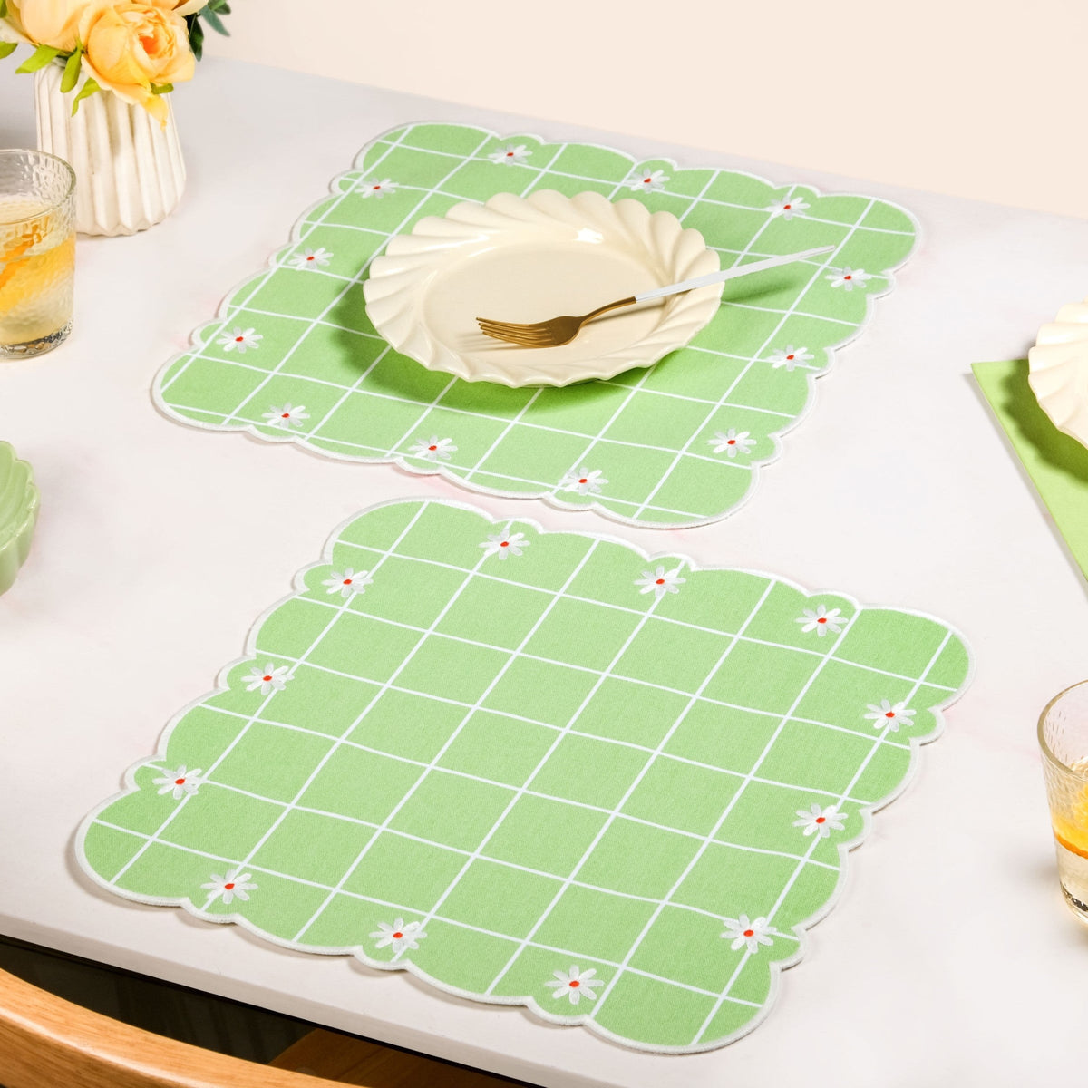 Scallop Embroidered Pure Cotton Table Mat Set Of 6 Nestasia