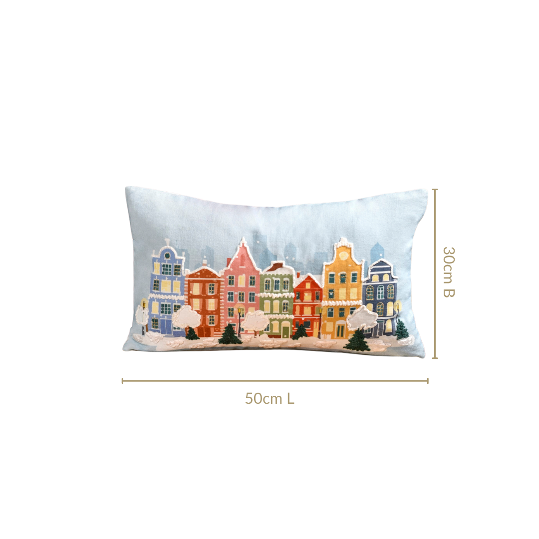 Winter Town Embroidered Cotton Cushion Cover 50x30cm Nestasia