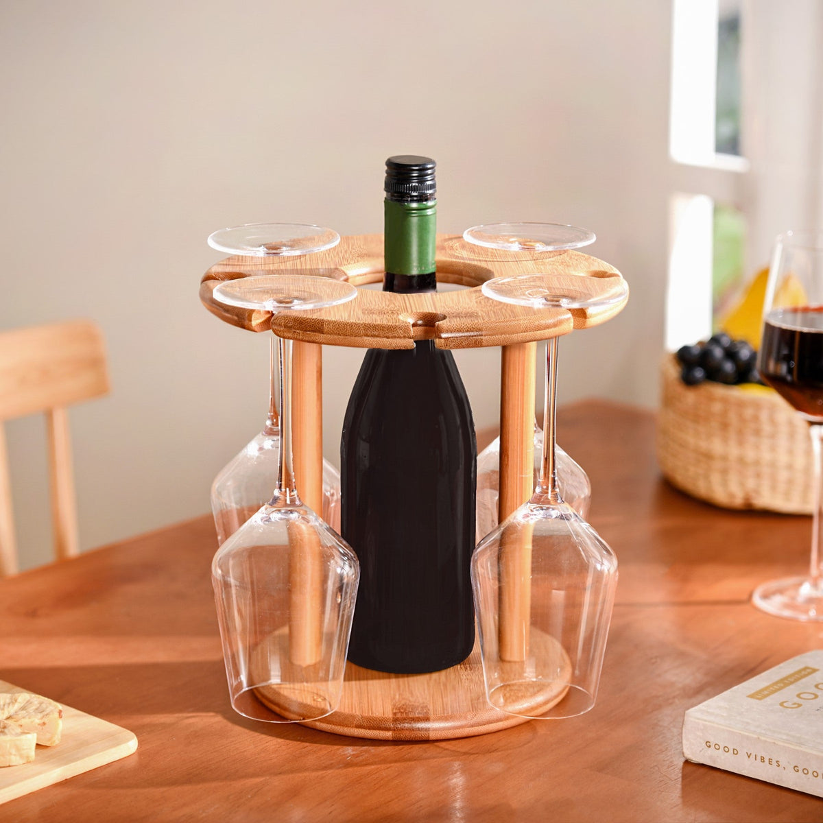 Mod Round Wooden Wine Bottle And Glass Holder Nestasia