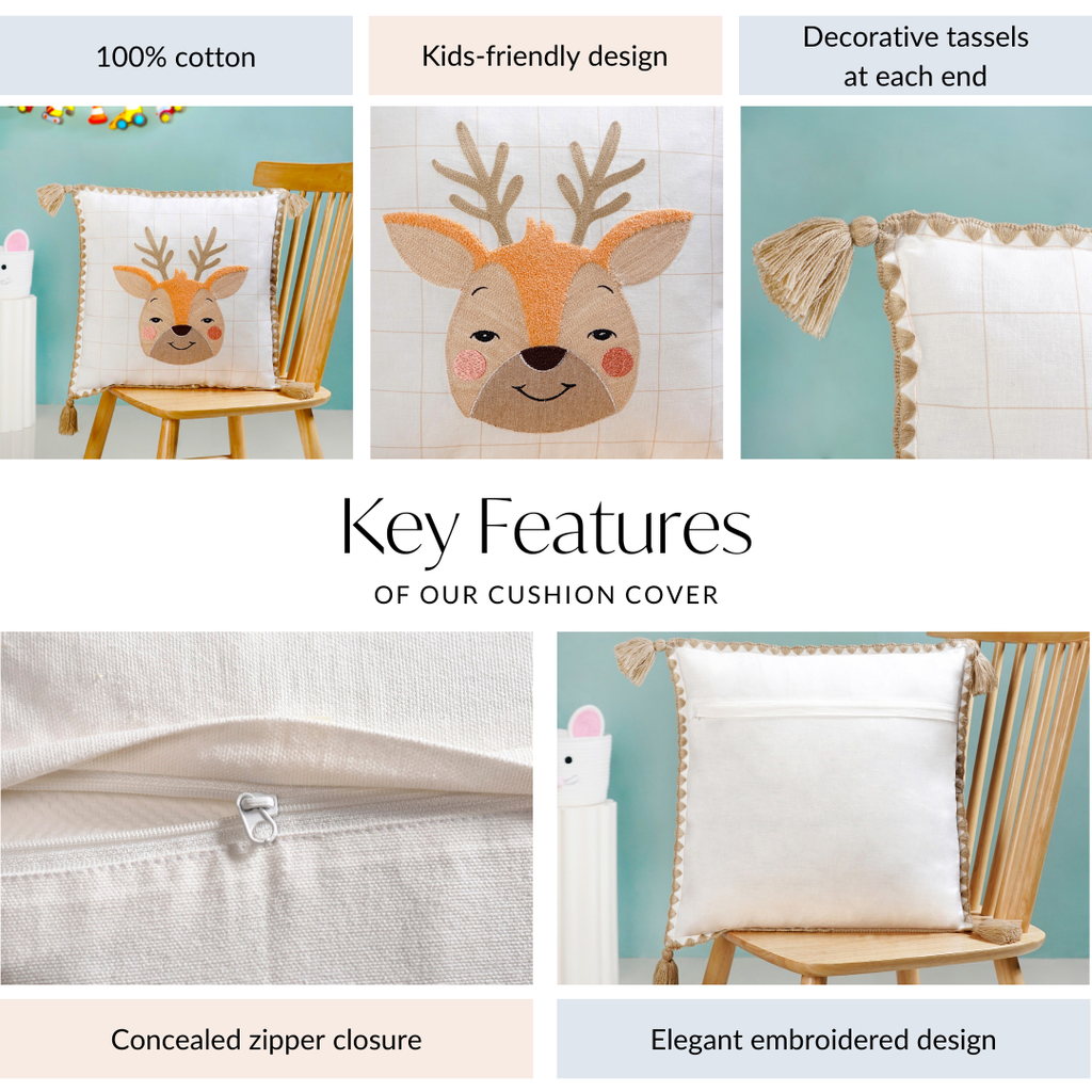 Woodland Deer Embroidered Cotton Kids Cushion Cover 42x42cm Nestasia