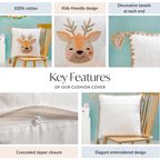 Woodland Deer Embroidered Cotton Kids Cushion Cover 42x42cm Nestasia
