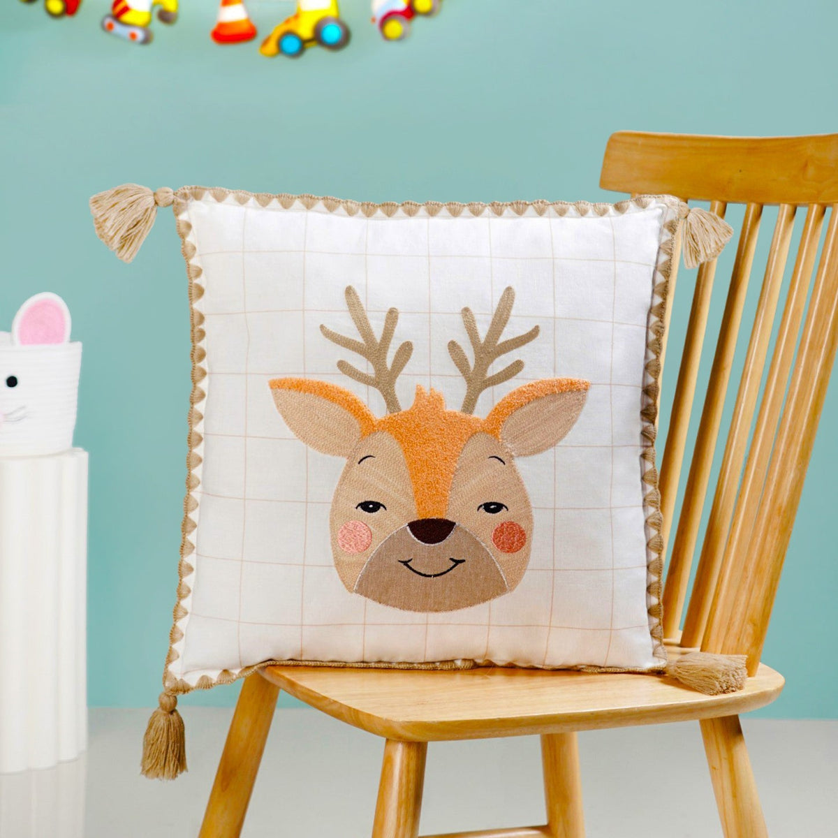 Woodland Deer Embroidered Cotton Kids Cushion Cover 42x42cm Nestasia