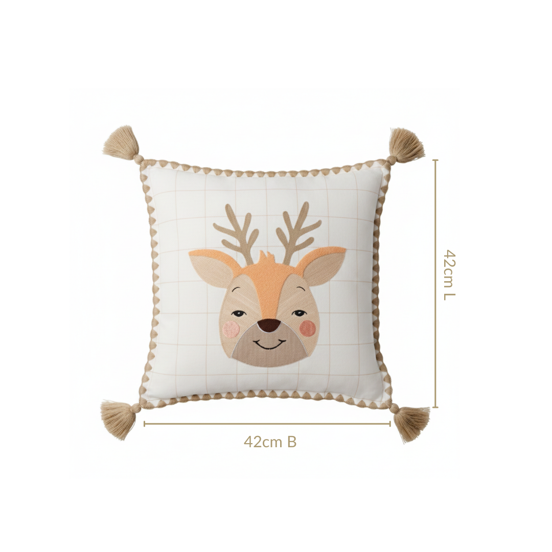 Woodland Deer Embroidered Cotton Kids Cushion Cover 42x42cm Nestasia