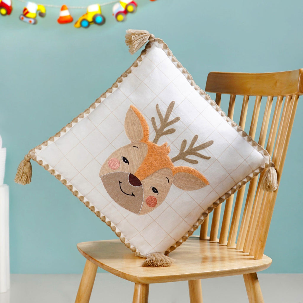 Woodland Deer Embroidered Cotton Kids Cushion Cover 42x42cm Nestasia