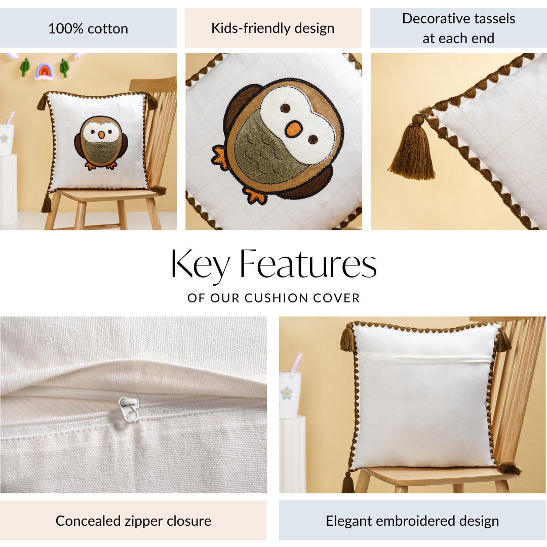 Woodland Owl Embroidered Cushion Cover With Tassels 42x42cm Nestasia