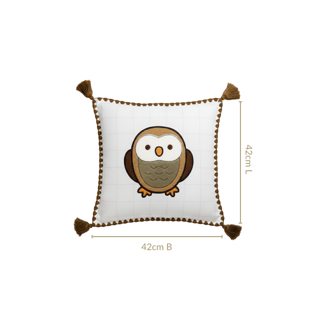 Woodland Owl Embroidered Cushion Cover With Tassels 42x42cm Nestasia