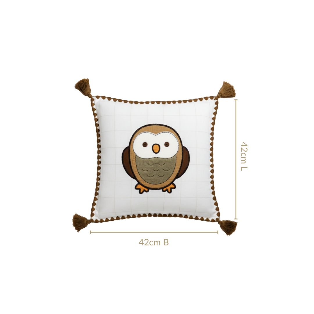 Woodland Owl Embroidered Cushion Cover With Tassels 42x42cm Nestasia