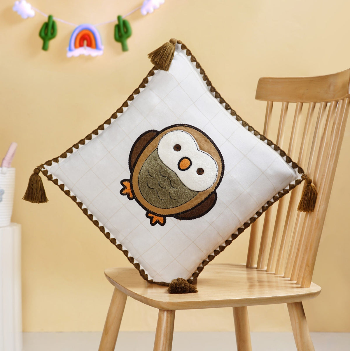 Woodland Owl Embroidered Cushion Cover With Tassels 42x42cm Nestasia