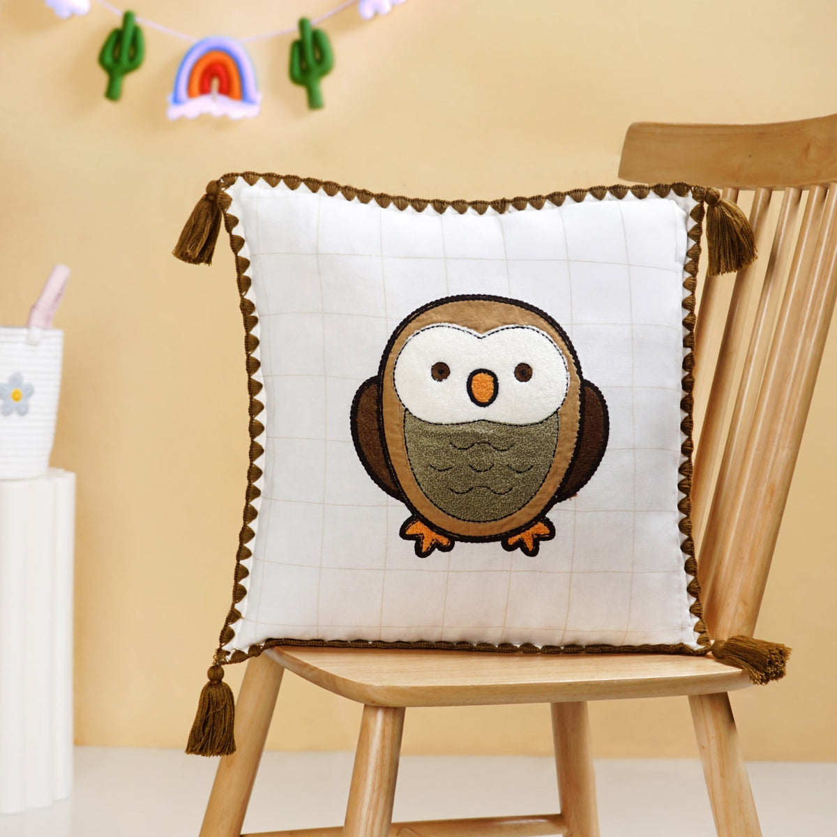 Woodland Owl Embroidered Cushion Cover With Tassels 42x42cm Nestasia