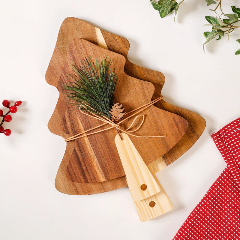 Wooden Tree Platter With Pinecone Embellishment Set Of 2 Nestasia