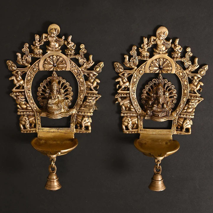 Brass Ganesha And Lakshmi Frames Diya With Bell (11.5 Inch) Vedansh Craft