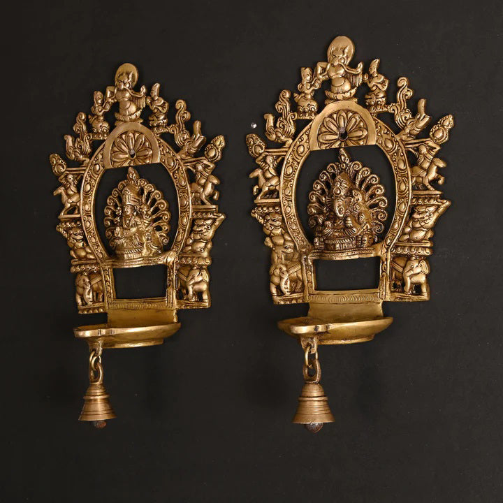 Brass Ganesha And Lakshmi Frames Diya With Bell (11.5 Inch) Vedansh Craft