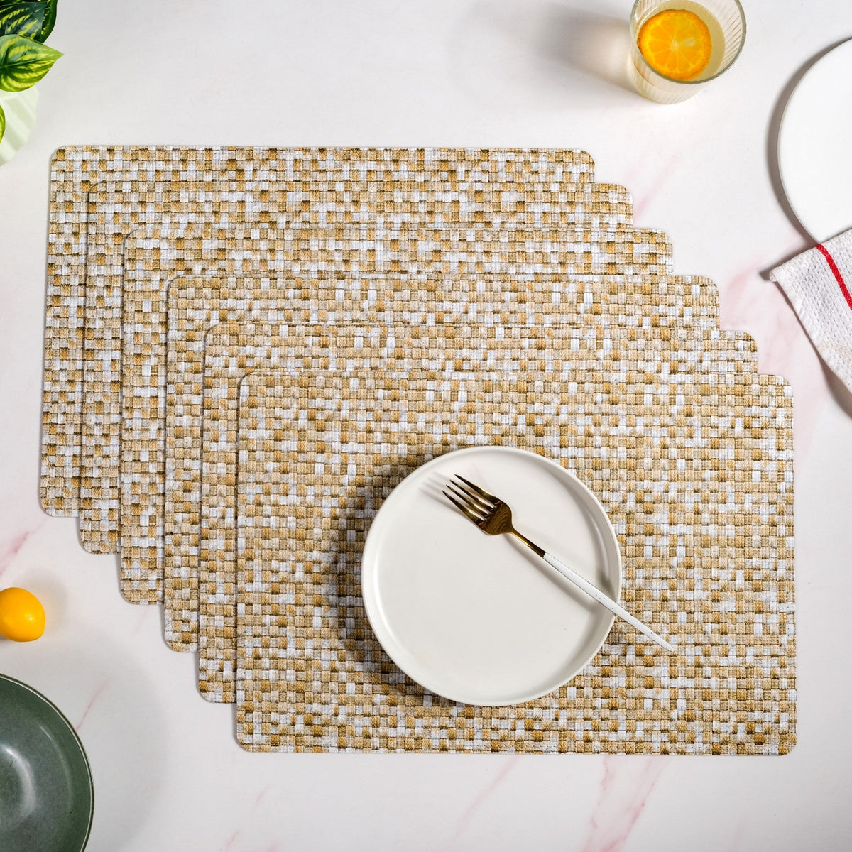 Yellow And White Intrecciato Weave Rectangular Table Mat Set Of 6 Nestasia