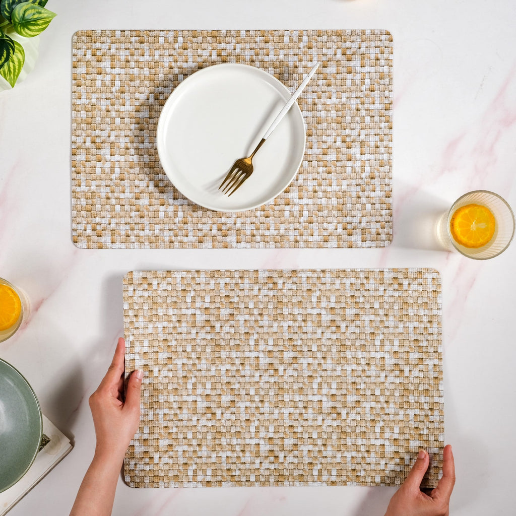 Yellow And White Intrecciato Weave Rectangular Table Mat Set Of 6 Nestasia