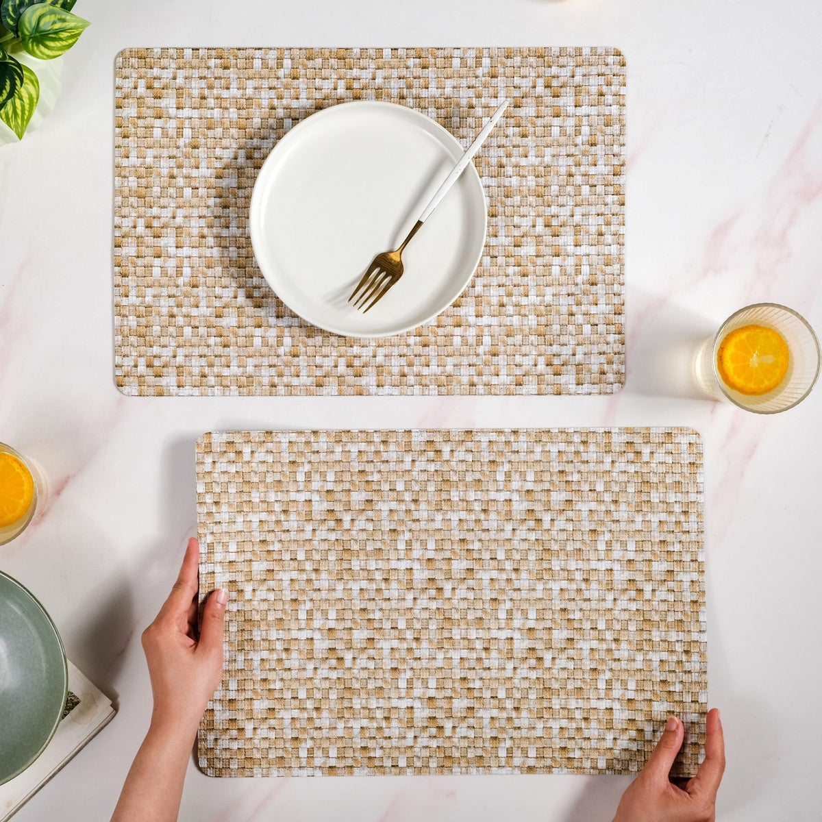 Yellow And White Intrecciato Weave Rectangular Table Mat Set Of 6 Nestasia