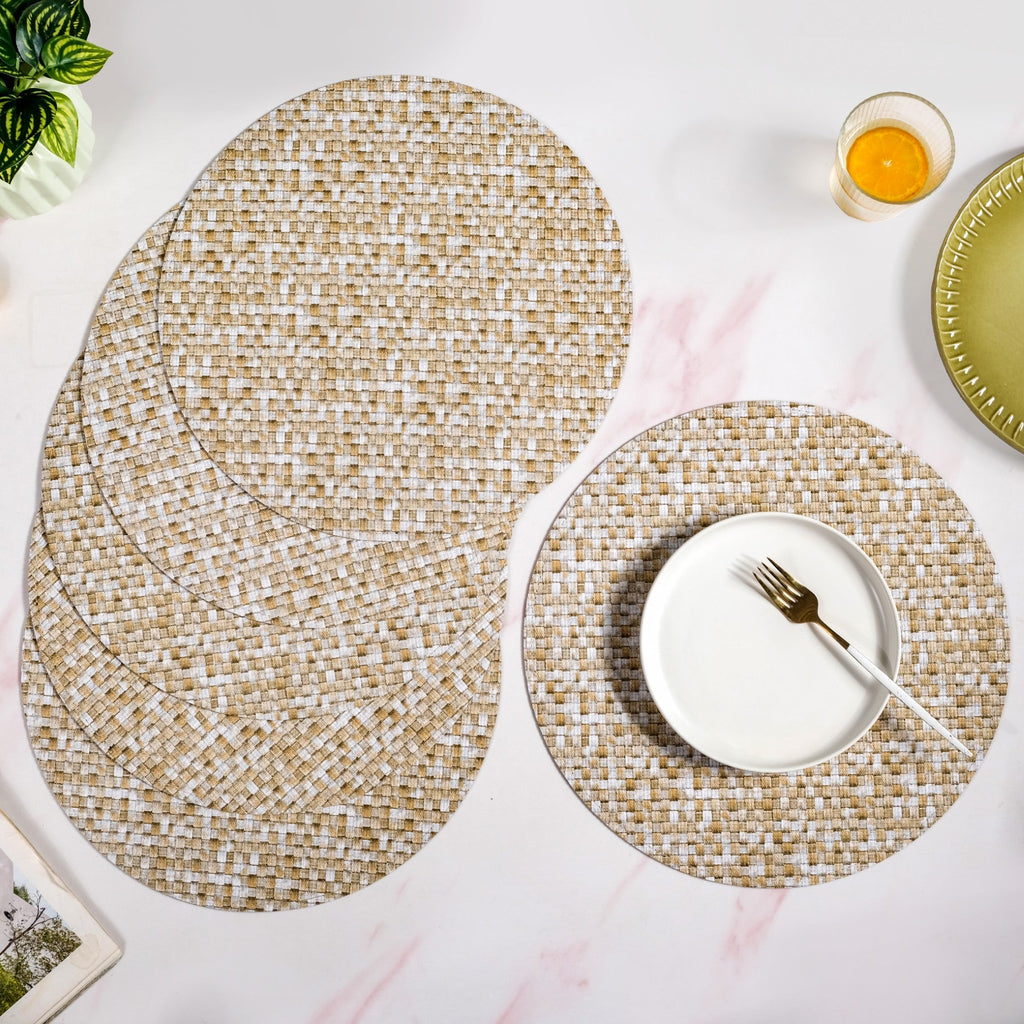 Yellow And White Intrecciato Weave Round Table Mat Set Of 6 Nestasia