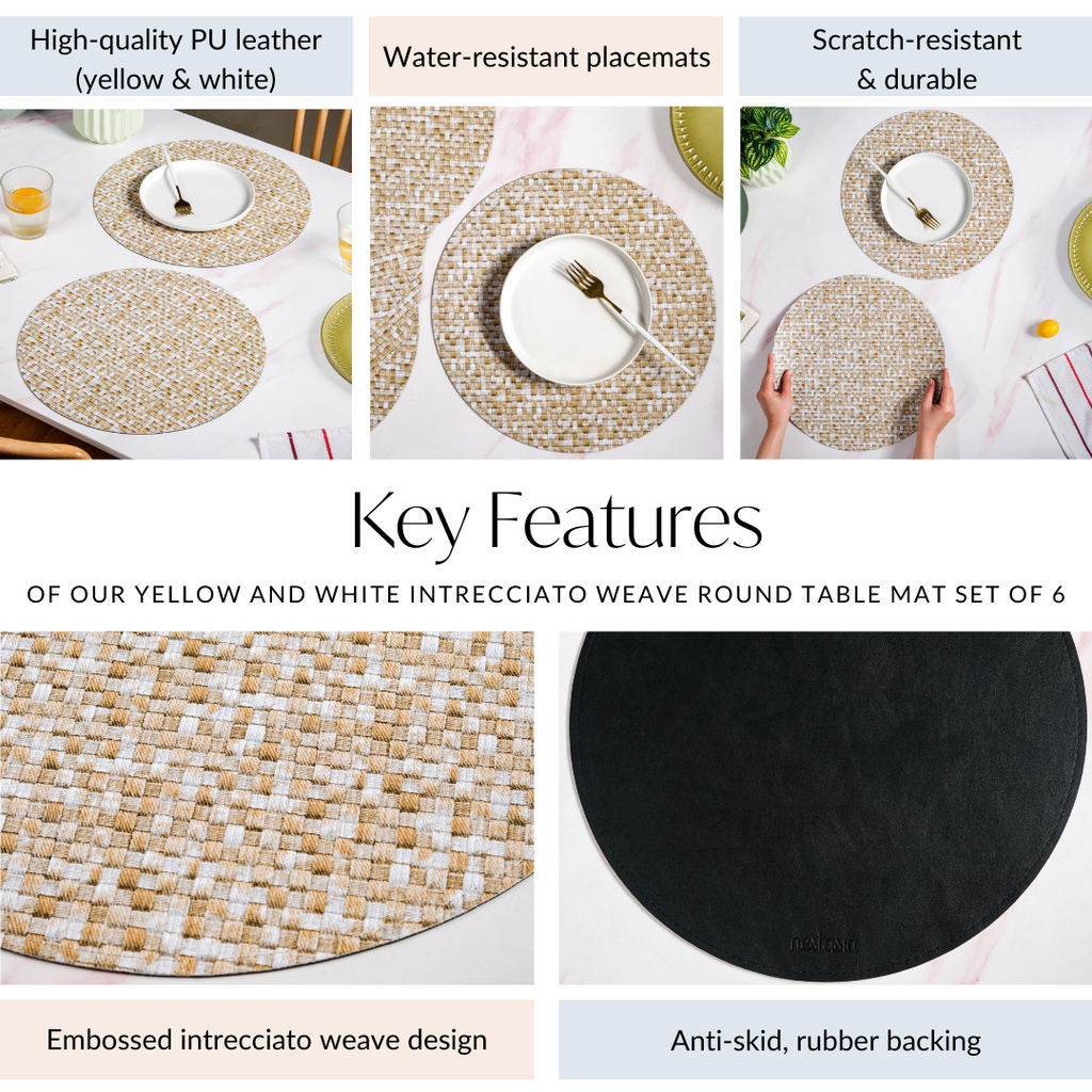 Yellow And White Intrecciato Weave Round Table Mat Set Of 6 Nestasia