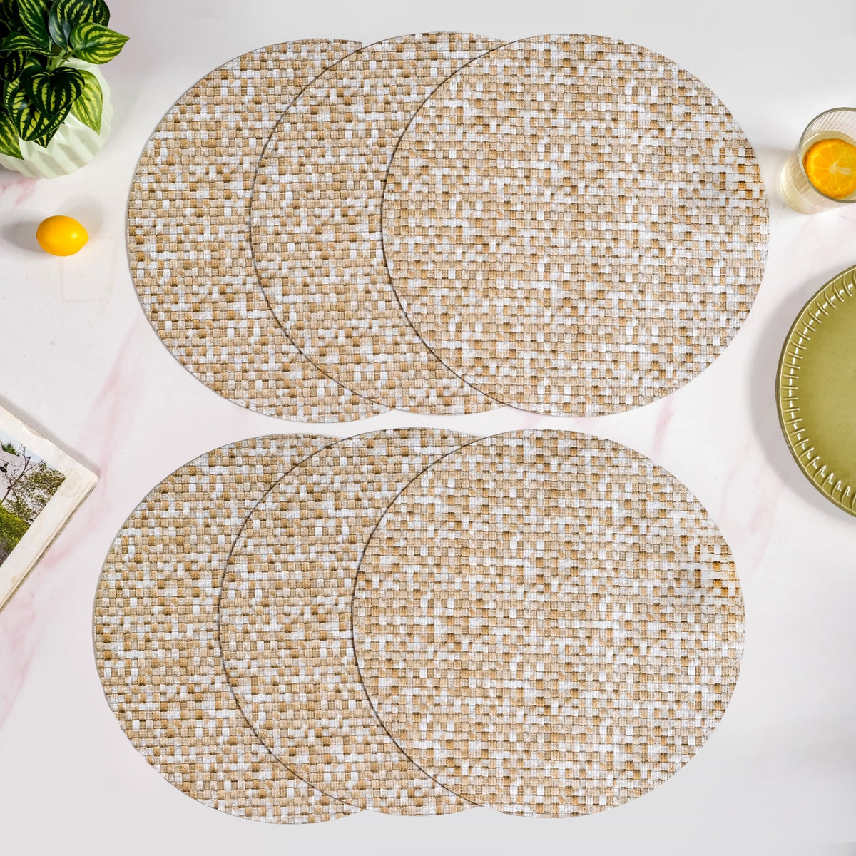 Yellow And White Intrecciato Weave Round Table Mat Set Of 6 Nestasia