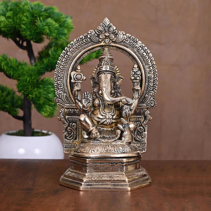 Brass Sitting Ganesha On Throne Idol (9.5 Inch) Vedansh Craft