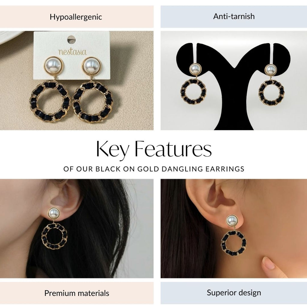 Black On Gold Dangling Earrings Nestasia