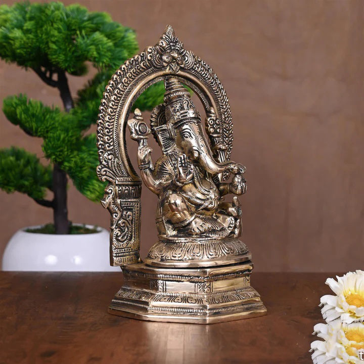 Brass Sitting Ganesha On Throne Idol (9.5 Inch) Vedansh Craft