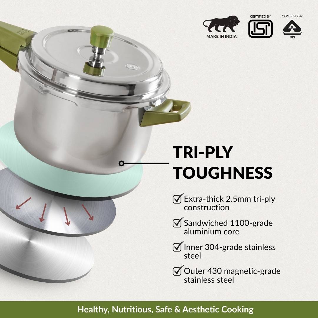 Zesta Triply Stainless Steel Induction Safe Pressure Cooker 5 Litre Spill Safe Lid Nestasia