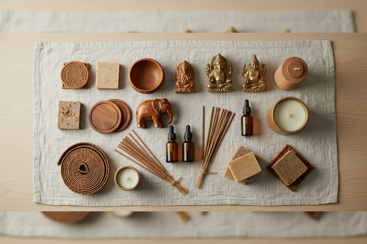A premium Indian handicraft and wellness ecommerce website hero banner.
Aesthetic flat lay composition with wooden handicrafts, brass idols, incense sticks, scented candles, essential oils, bamboo products, and natural soaps.
Warm earthy color palette (beige, brown, sandalwood, off-white, muted gold).
Soft natural lighting, minimal shadows.
Clean modern lifestyle background.
Elegant, calm, spiritual and artisanal vibe.
High quality, ultra realistic, website banner style, no people, no text, no watermark.
As