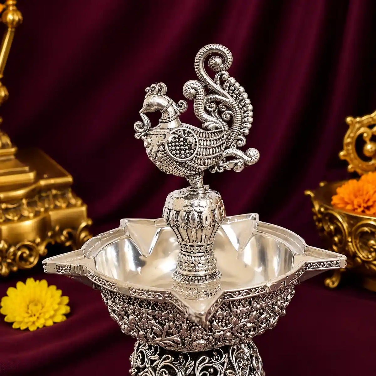 Brass Silver Plated Lightweight Peacock Samai/Lamp Pair Vedansh Craft