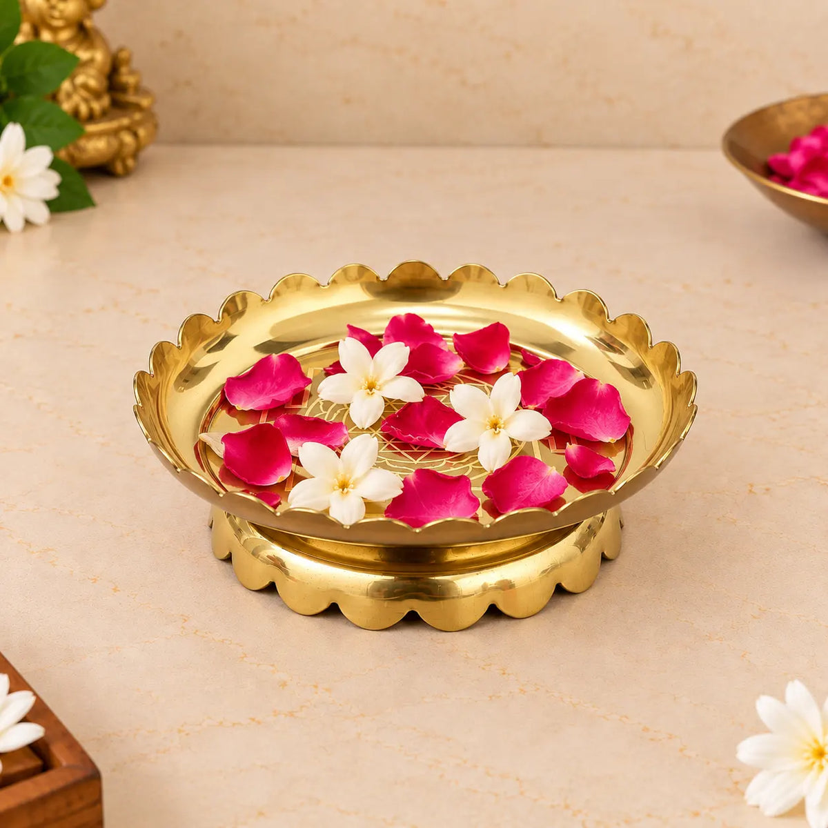 Brass Shree Yantra Engraved Lotus Plate With Stand (5.5 Inch) Vedansh Craft
