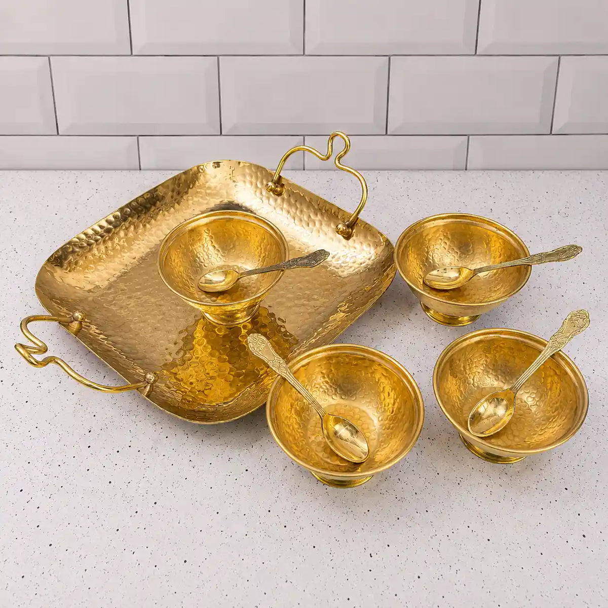 Brass Hammered Serving Tray / Platter With Bowl and Spoon Set With Velvet Box Vedansh Craft