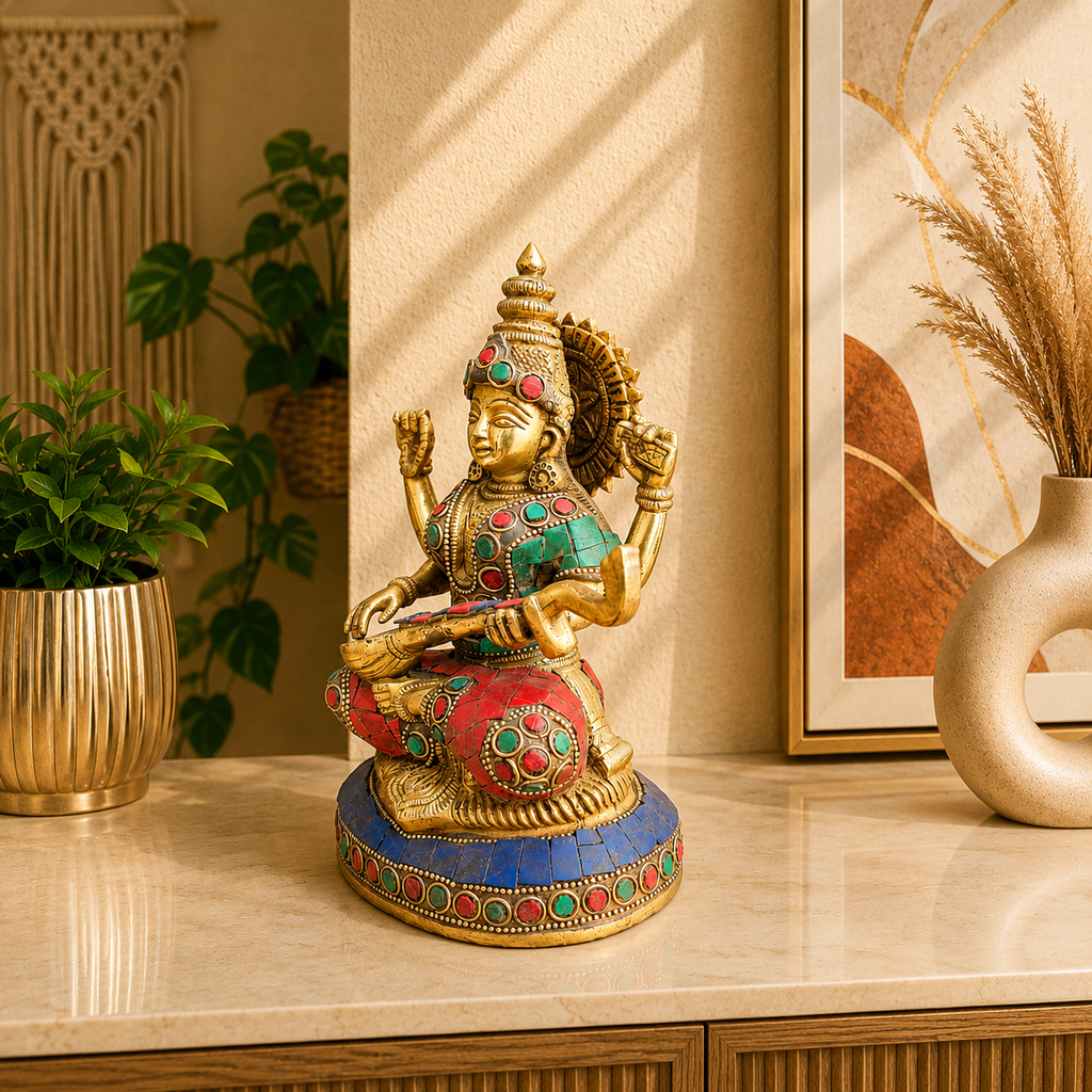 Brass Stone Work Goddess Sitting Saraswati Idol (7.5 Inch) Vedansh Craft