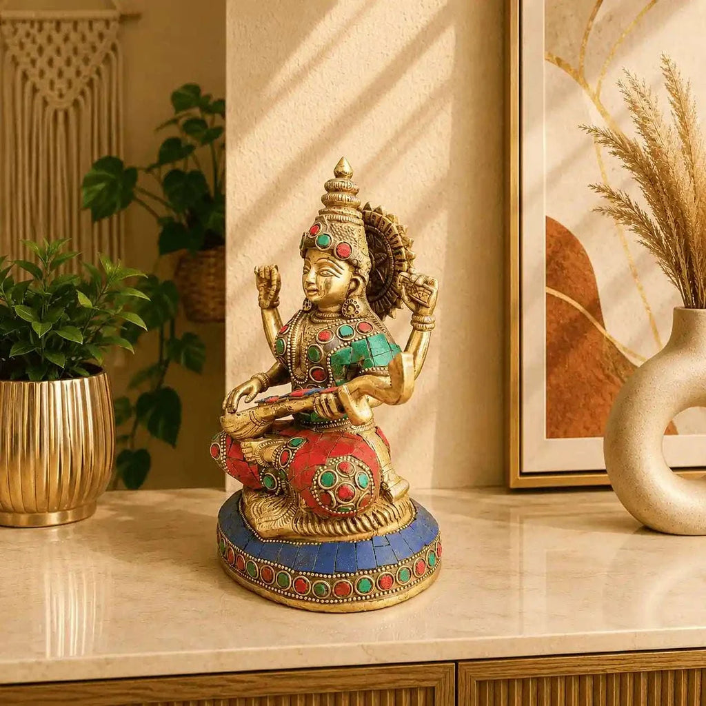 Brass Stone Work Goddess Sitting Saraswati Idol (7.5 Inch) Vedansh Craft