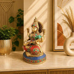 Brass Stone Work Goddess Sitting Saraswati Idol (7.5 Inch) Vedansh Craft
