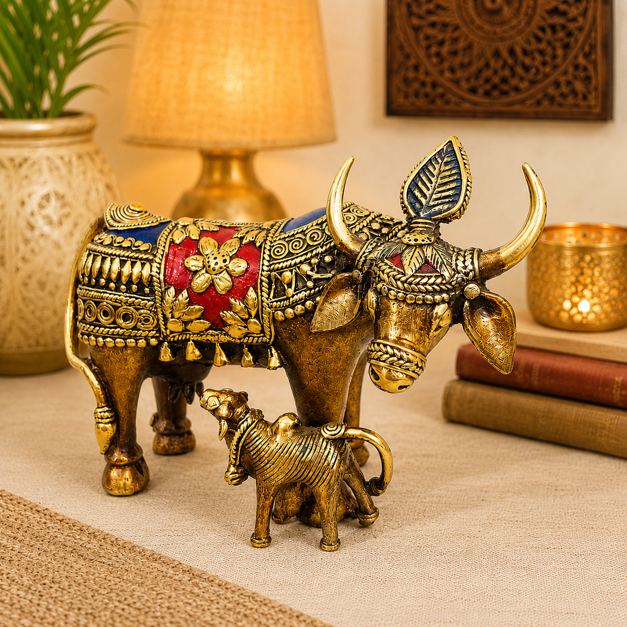 Brass Dhokra Kamdhenu Cow with Calf Statue (6.5 Inch) Vedansh Craft