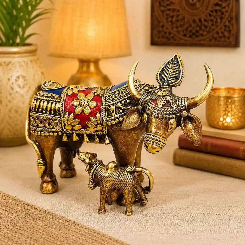 Brass Dhokra Kamdhenu Cow with Calf Statue (6.5 Inch) Vedansh Craft
